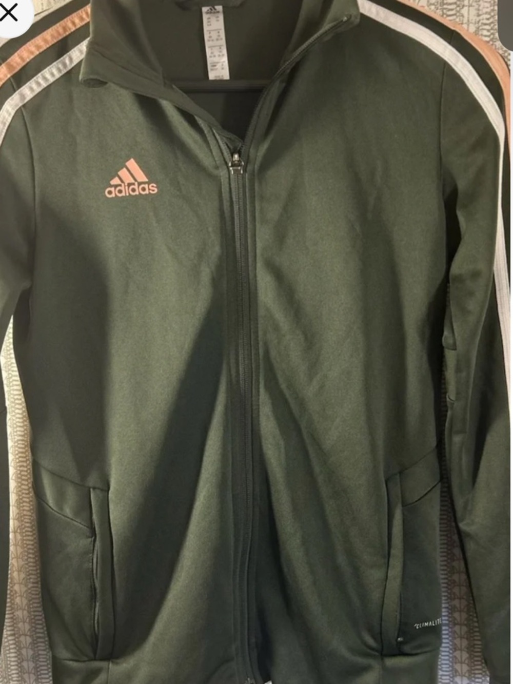 adidas Dark Green Zip-Front Jacket with Pink Logo, white and pink stripes on arm